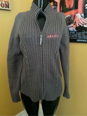 Ski-Doo 100% Wool Cable Knit Full Zip Sweater Jacket High Neck Grey XL